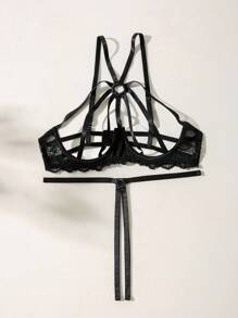 SHEIN Exotic-Bondage Women's Sexy Lingerie Set With Hollow Out Bra And Thong - Black - View 6
