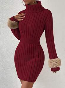Chiquease 修身羅紋高領毛衣洋裝(不含腰帶) - 紅色 - 查看 4