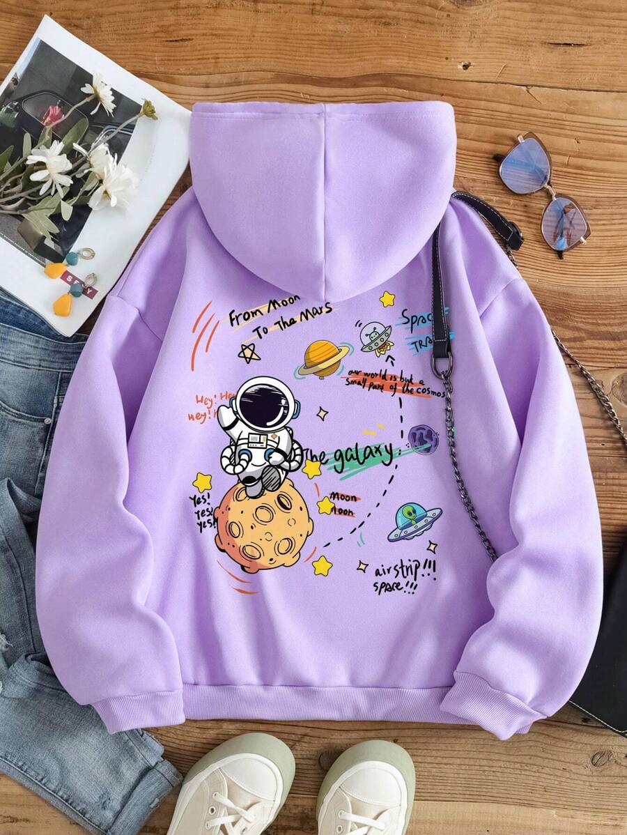 INAWLY Áo hoodie dài tay in hình hoạt hình có dây rút chủ đề Từ Mặt Trăng đến Sao Hỏa, thích hợp cho lễ tốt nghiệp, tựu trường, lễ tốt nghiệp, giáo viên nữ, áo nỉ mùa thu cho mùa tựu trường. - Màu tím - Xem 1