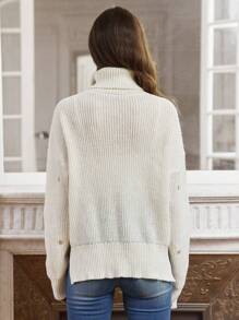 SHEIN Frenchy Women's Heart Embroidery Turtleneck Sweater Winter White Casual - White - View 2