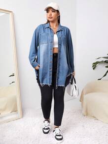 SHEIN EZwear Của phụ nữ Áo denim Với Frayed Hem Và Kích thước lớn - Rửa tối - Xem 4