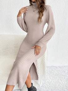 SHEIN Frenchy Áo cao cổ Viền mép Áo len dệt kim Đầm Không có thắt lưng - Màu be - Xem 3