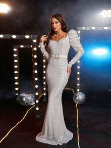 Missord 女性羊肉袖閃光晚禮服連腰帶