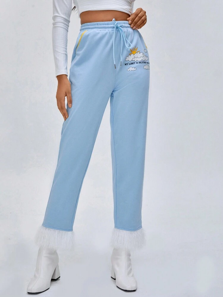Designer Women's High Drawstring Waist Fluffy Hem Sweatpants, For Holiday, Festival
