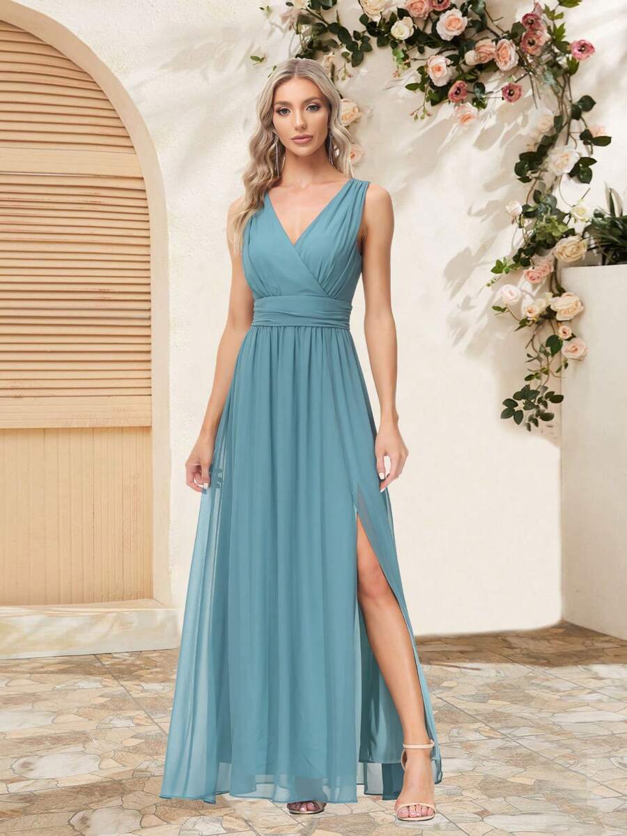 V領高開叉雪紡伴娘禮服
