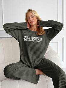EURMUSE Letter Printed Ribbed Knit Loungewear Set - Dark Green - View 3