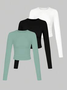 SHEIN LUNE Ladies' 3pcs/set Solid Color Long Sleeve T-shirts - Mint Green - View 1
