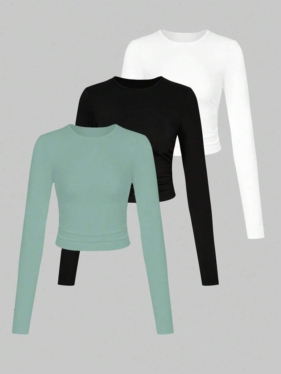 SHEIN LUNE Ladies' 3pcs/set Solid Color Long Sleeve T-shirts - Mint Green - View 1