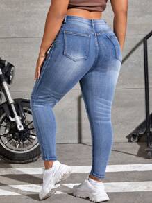 SHEIN EZwear Jeans Ajustados De Moda De Talla Grande - Azul lavado medio - Ver 2