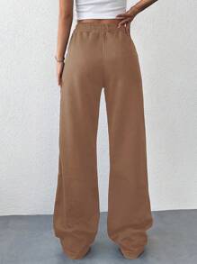 Cloudara Solid Color Elastic Waist Wide Leg Pants - Beige - View 2