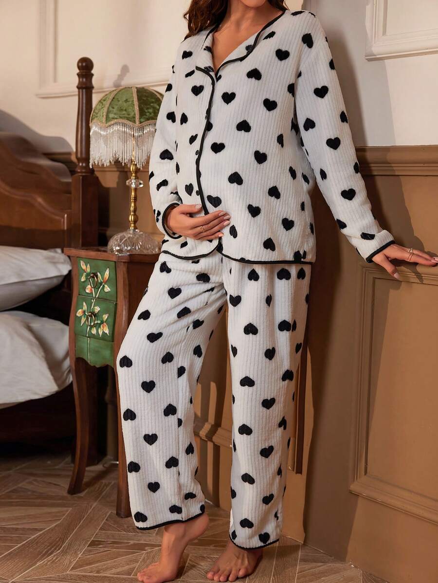 SHEIN Thai sản Hình trái tim Tương phản ràng buộc Flannel Bộ PJ - Đen và trắng - Xem 1