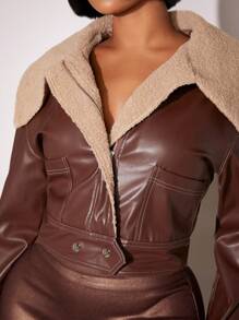 SHEIN SXY Women'S Casual Loose Brown Jacket With Fur Collar - Brown - View 7