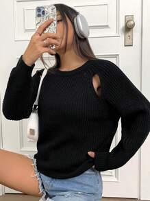 SHEIN Unity Women's Hollow Out Pullover Sweater With Raglan Sleeve Knit Pullover Fall Winter Sweater - Black - View 5