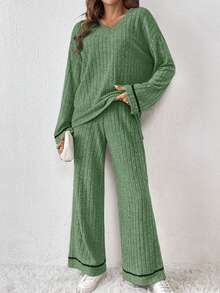 SHEIN Frenchy Viền tương phản Áo thun Thả vai & Quần - xanh quân đội - Xem 5