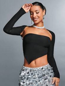 SHEIN BAE 女裝不對稱設計針織耐穿上衣,適用於聖誕聚會 - 黑色 - 查看 5