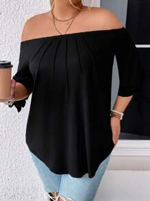 Calvaya Camiseta De Hombro Descubierto De Manga Corta Para Mujer De Talla Grande - Negro - Ver 3