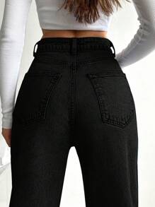 SHEIN Cottnline Solid Color Straight Leg Casual Jeans - Black - View 2