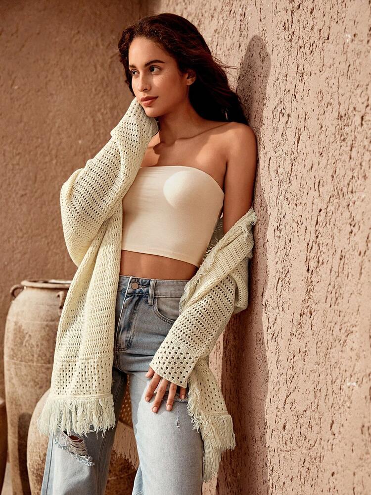 Women's Hollow Out Knitted Fringe Waist Belt Cardigan