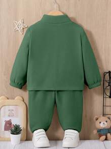 SHEIN Bộ 2 món/Bộ Unisex Baby Túi trước Áo khoác cổ đứng trễ vai & Quần buộc mắt cá chân Bộ đồ lót nhiệt dày - Màu xanh lá cây đậm - Xem 2