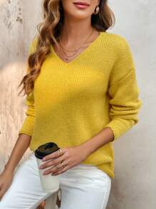 SHEIN LUNE Của phụ nữ Màu thuần Thả vai Áo len - Màu vàng - Xem 1