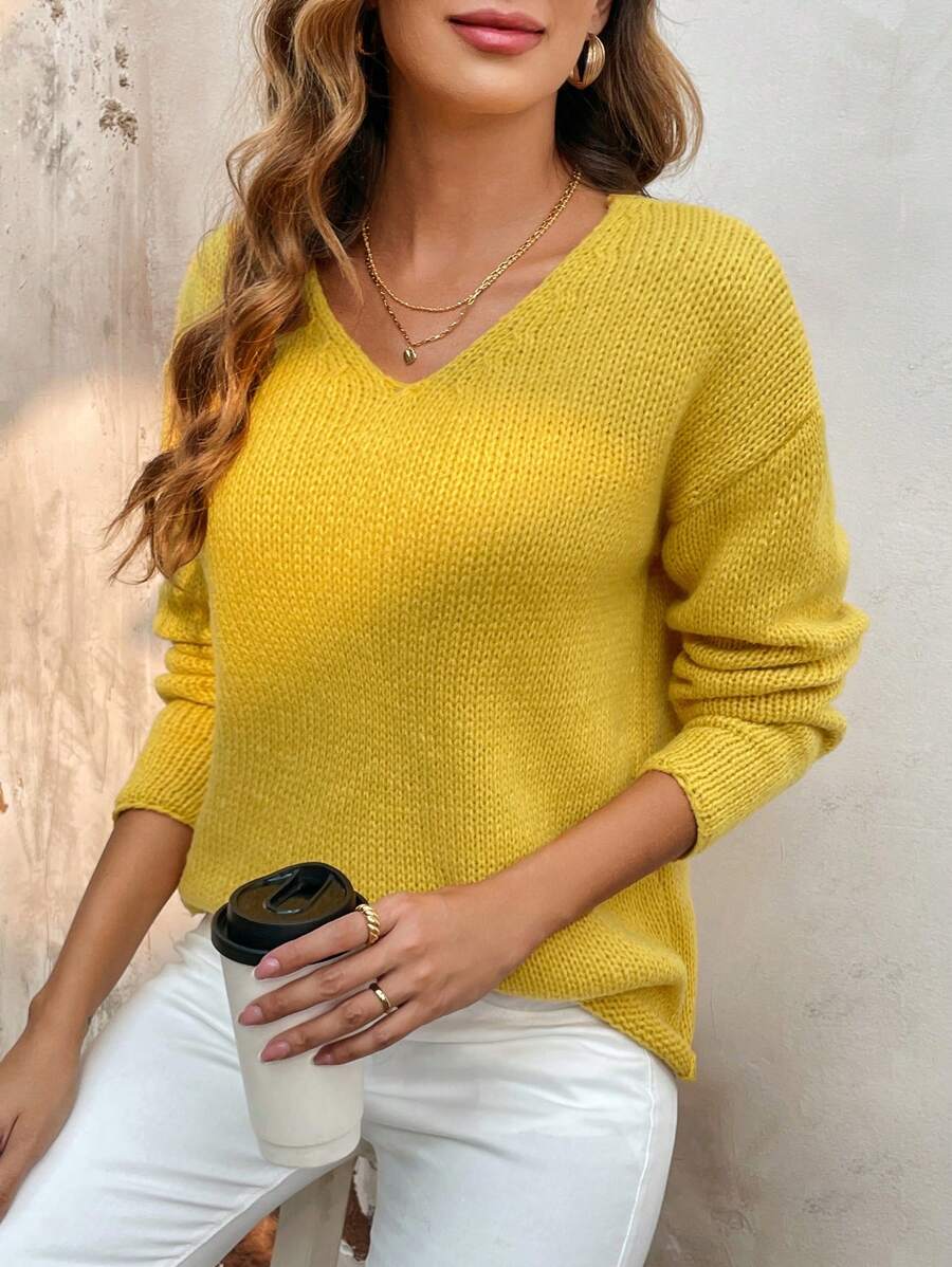 SHEIN LUNE Của phụ nữ Màu thuần Thả vai Áo len - Màu vàng - Xem 1