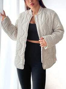 SHEIN EZwear Women's Solid Color Quilted Padded Coat - Light Grey - View 6