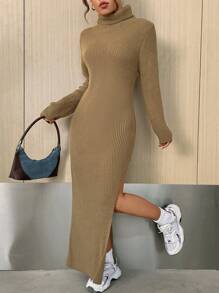 SHEIN EZwear Women'S Turtleneck Ribbed Sweater Dress With Ribbed Texture And Slit Hem - Camel - View 3