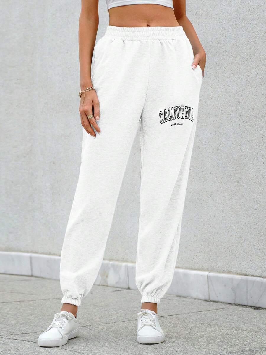 RueChic Women's Letter Pattern Joggers - White - View 1