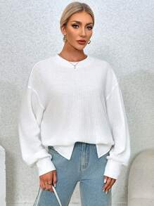 SHEIN Essnce Thả vai Viền chia cắt Áo thun - trắng - Xem 6