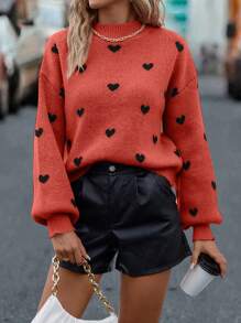 SHEIN LUNE 愛心圖案超大號下垂肩毛衣 - 玫瑰紅 - 查看 6