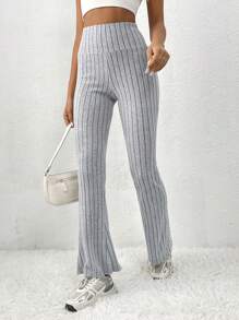 SHEIN Frenchy 女士寬鬆腰部條紋針織寬腿褲 - 灰色 - 查看 3