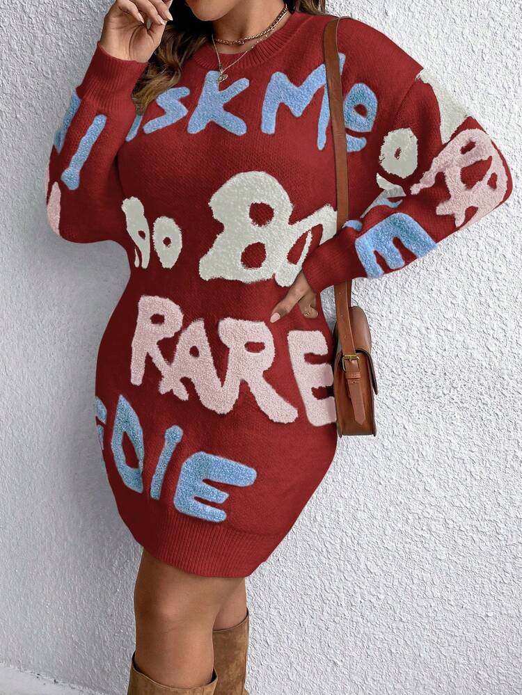 Plus Size Letter Print Drop Shoulder Sweater Dress