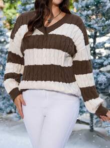 SHEIN LUNE Kích thước lớn Mẫu sọc Thả vai Áo len - Nhiều màu - Xem 4