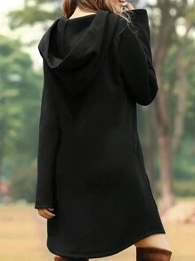 SHEIN LUNE 女款純色帶束口連帽服裝連衣裙 - 黑色 - 查看 2