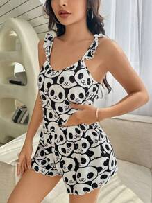 2入組可愛卡通熊貓印花荷葉邊睡衣套裝,適合女性 - 彩色 - 查看 5