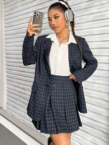 SHEIN Unity 格紋單排釦西裝外套和帶扣裝飾的百褶裙 - 藏蓝色 - 查看 3