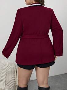 SHEIN Privé Talla grande Blazer unido en contraste con cinturón - Burdeos - Ver 2