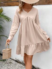 SHEIN VCAY Women's V-neck Ruffle Hemline Dress - Apricot - View 5