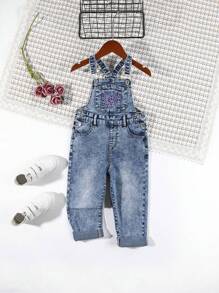 Little Girl's Bow Letter Embroidered Denim Overalls - Medium Wash - View 1