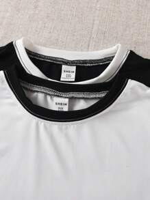 Sparklyn Tween Girl 2pcs/Set Short Knit T-Shirt With Color Block - Black and White - View 3