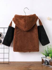 Baby Cool Plush Patchwork Hooded Jacket - Coffee Brown - View 2