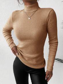 EURMUSE Women's Solid Color High Neck Sweater - Camel - View 4