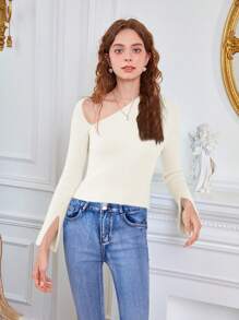 SHEIN MOD 女士不对称肩部修身毛衣 - 白色 - 查看 4