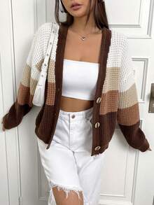 SHEIN Unity 拼色下落肩前扣釦針織羊毛衫 - 彩色 - 查看 4