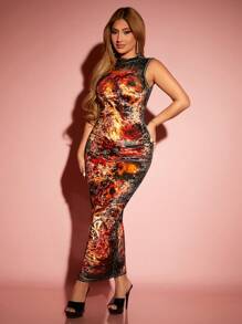 SHEIN SXY 全身印花天鵝絨修身洋裝 - 彩色 - 查看 5