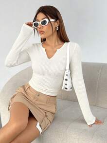 SHEIN EZwear Apricot Knit V-Neck T-Shirt For Women - Apricot - View 4