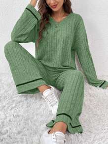 SHEIN Frenchy Viền tương phản Áo thun Thả vai & Quần - xanh quân đội - Xem 4