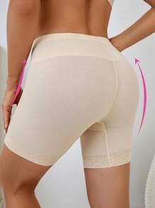 Women's High Stretch Apricot Colorblock Shapewear Shorts With Contrast Lace Y2K Style Long Underwear - Apricot - View 2