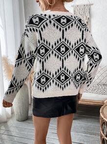 Chiquease Suéter de cuello en V de punto con patrón geométrico para otoño e invierno - Multicolor - Ver 4