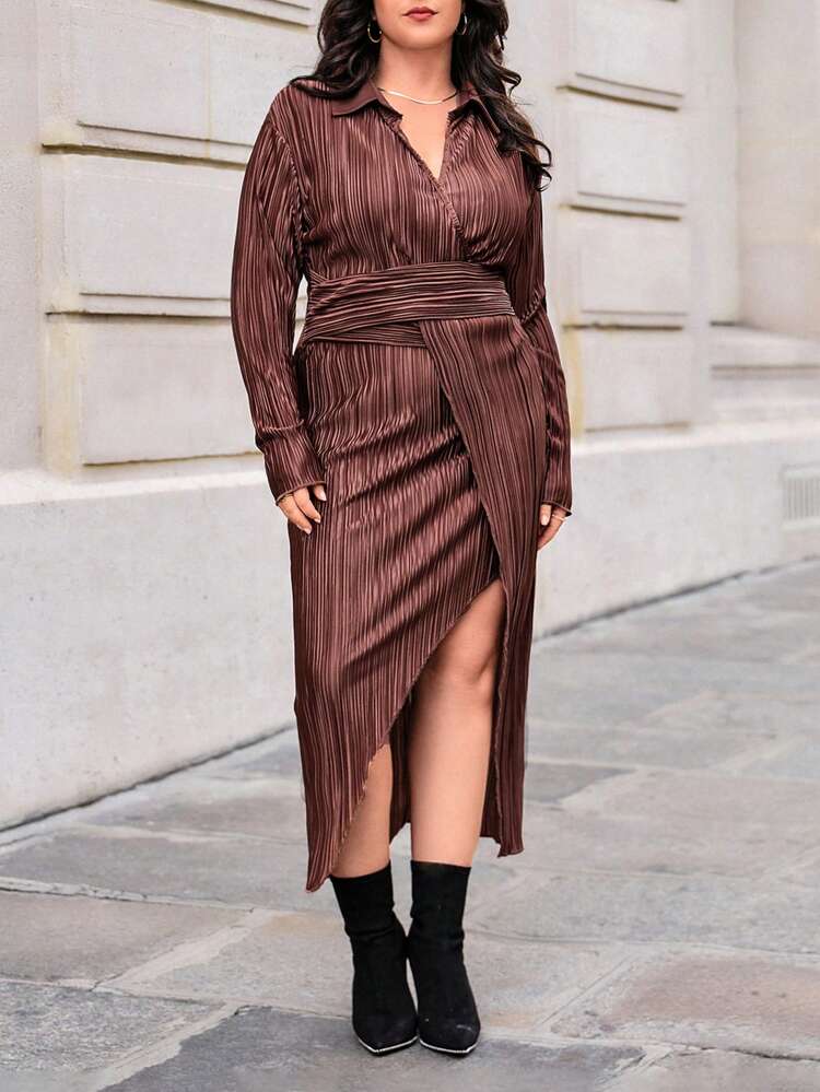 Plus Size Women'S Pleated Fabric Open Slit Dress
